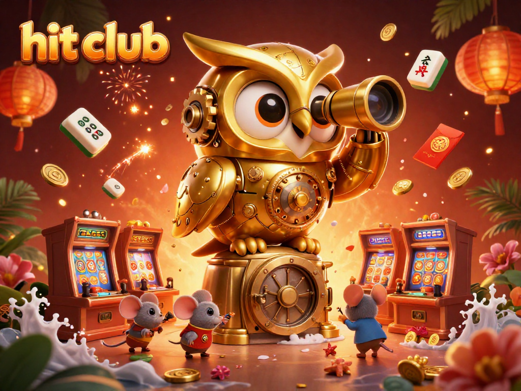 Play thrilling games at hit club with a detailed 3D casino scene featuring dynamic characters and festive elements.