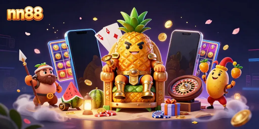 nn88 pineapple king in a vibrant beach casino scene with magical casino elements and action