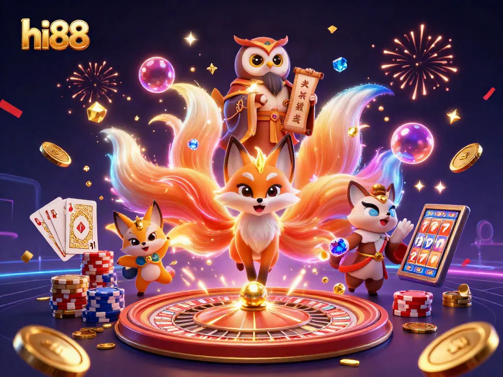 Engage with hi88's vibrant casino universe through a dynamic illustration showcasing colorful game elements and characters.