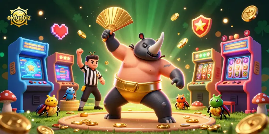 okfunbiz engages players with a vibrant 3D casino scene of a beetle sumo champion surrounded by coins and gaming elements.