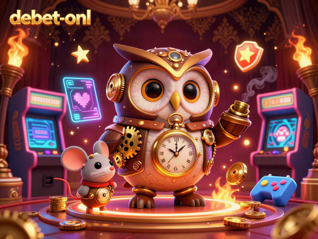 Discover debet-onl's vibrant gaming experience with a dynamic 3D illustration of casino fun and arcade elements.