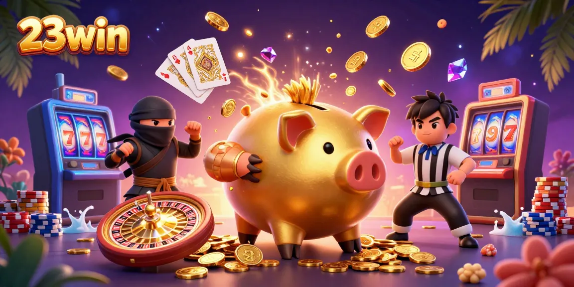 Experience excitement at 23win with dynamic casino action led by a golden piggy bank sumo wrestler.