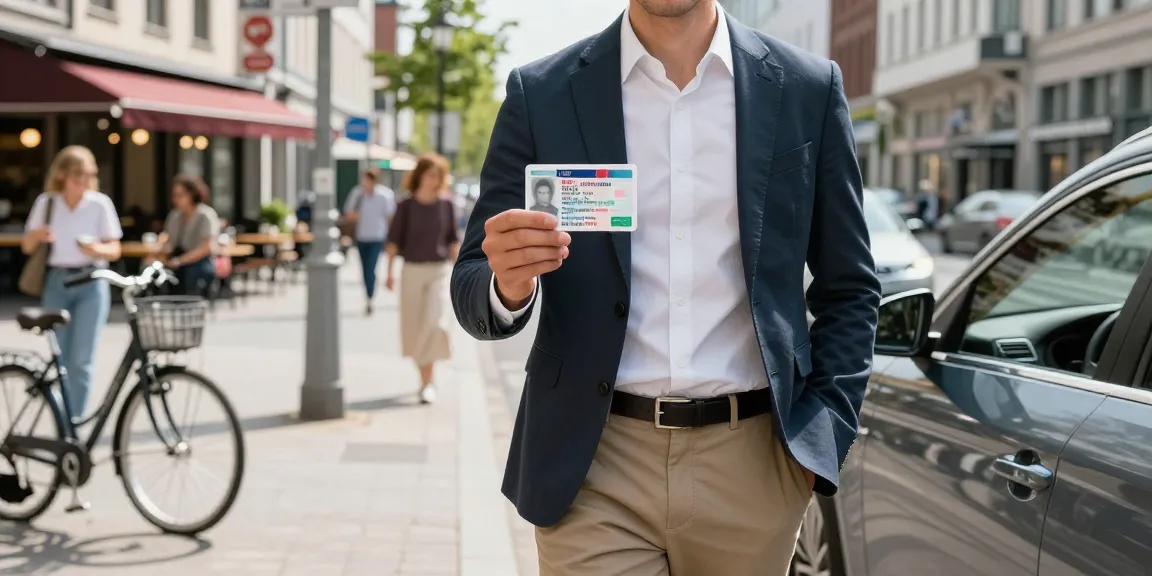 Kauf eines deutschen Führerscheins online in urbaner Umgebung, zeigt eine selbstbewusste Person mit einem Führerschein neben einem eleganten Auto.