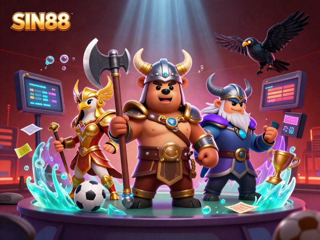 SIN88 showcases a vibrant online betting scene with dynamic sports elements and lively characters.