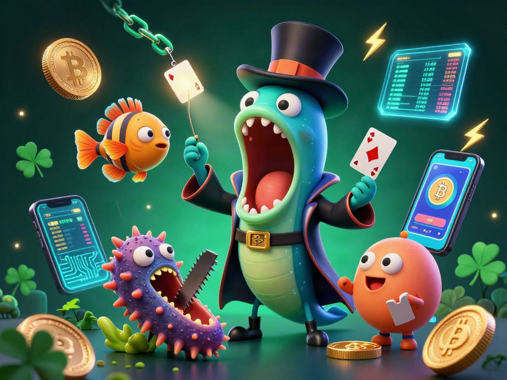 Engaging scene with 789fh characters showcasing magical card tricks amidst glowing Bitcoin and Ethereum coins.