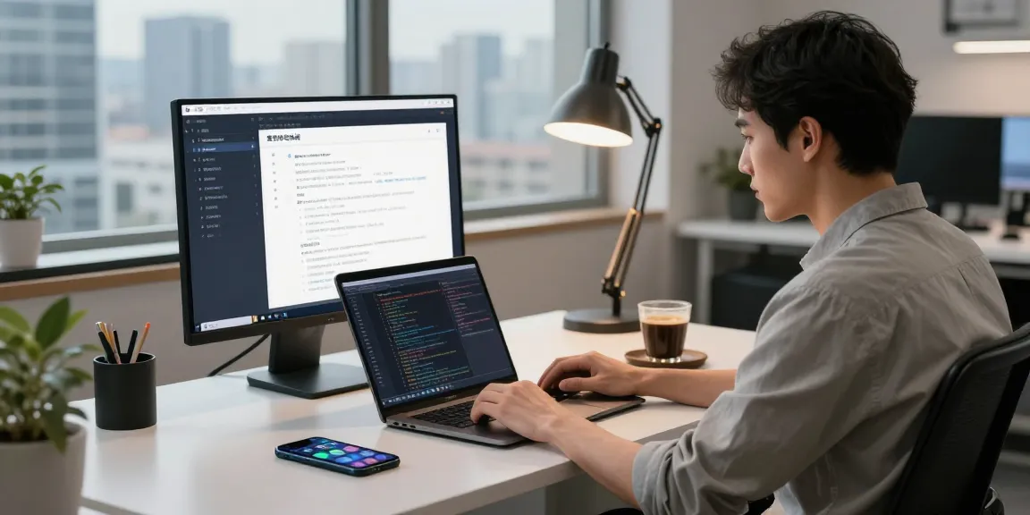 使用爱思助手电脑版的开发者在现代工作空间中专心coding，周围有科技工具和城市背景。