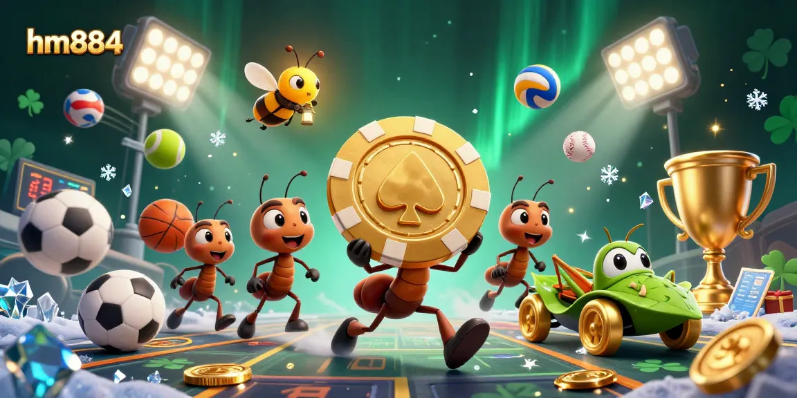 hm884 showcases a thrilling scene of ants in a heist featuring a giant poker chip amidst sports gear.