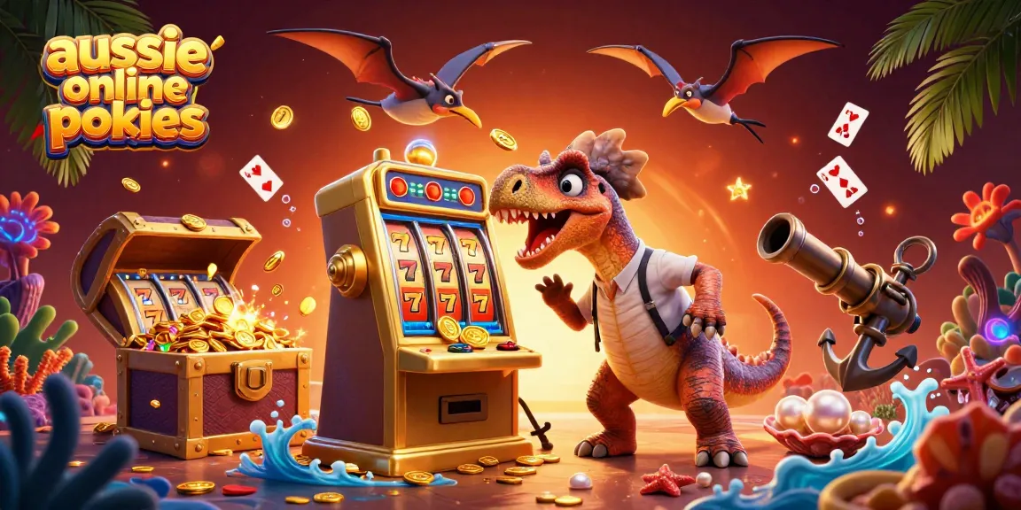 Aussie online pokies scene with a dinosaur, golden slot machine, and flying coins