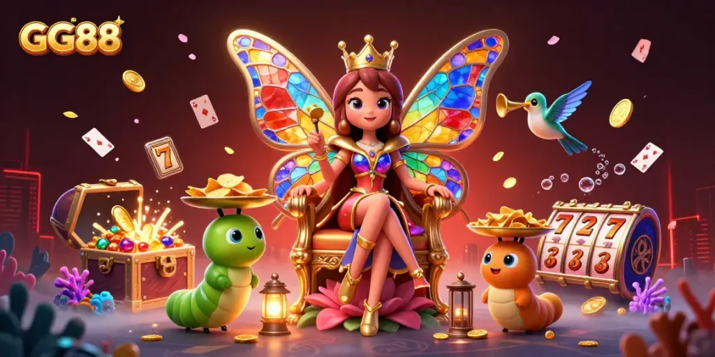 Engage with GG88 in this vibrant casino scene featuring a butterfly queen and gaming elements.