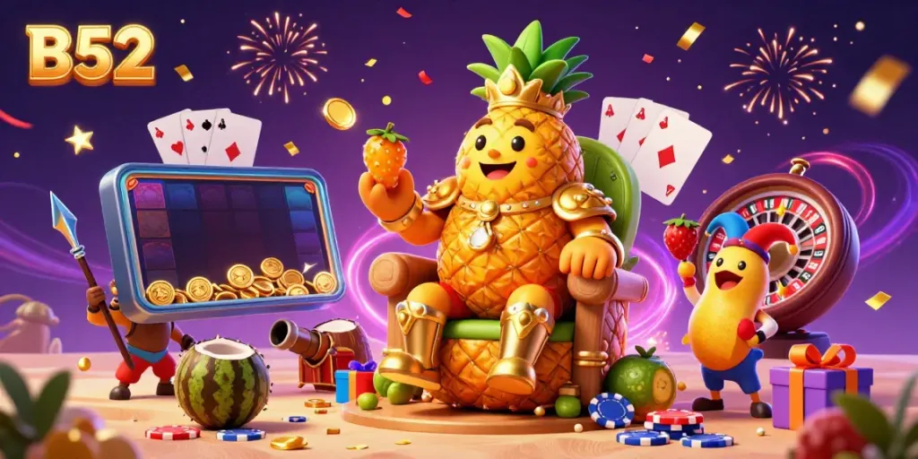 Experience the vibrant energy of B52 with a golden pineapple king and playful characters celebrating gaming excitement.