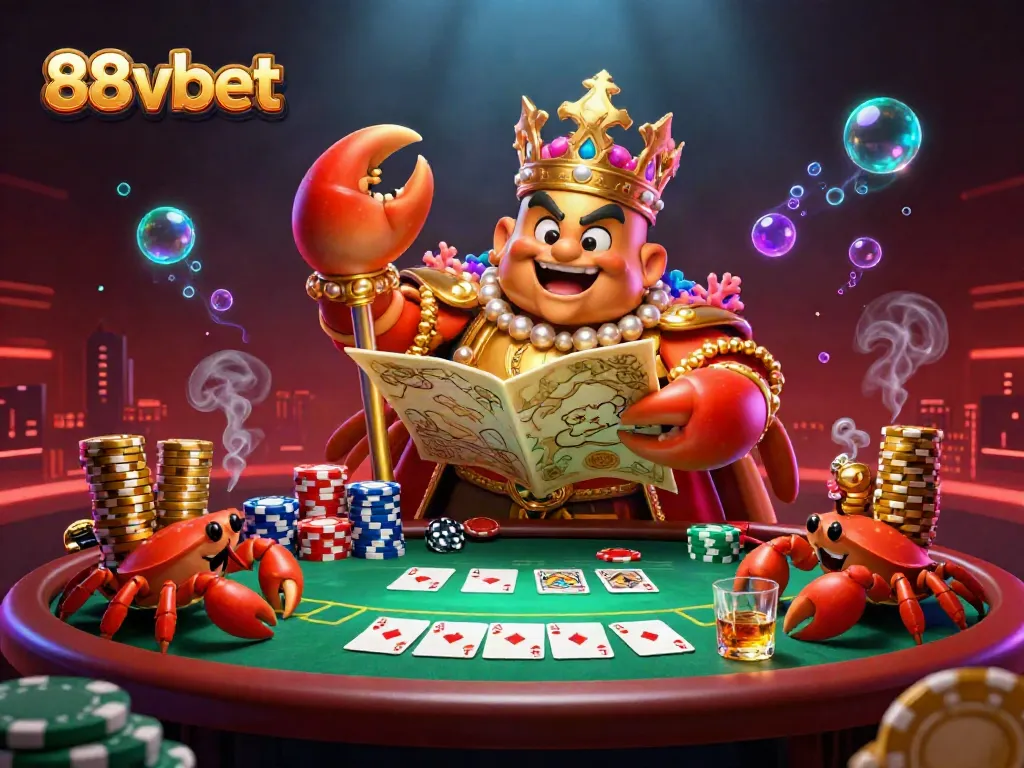 Experience the excitement of 88vbet casino with a golden crab emperor overseeing a dynamic poker scene.