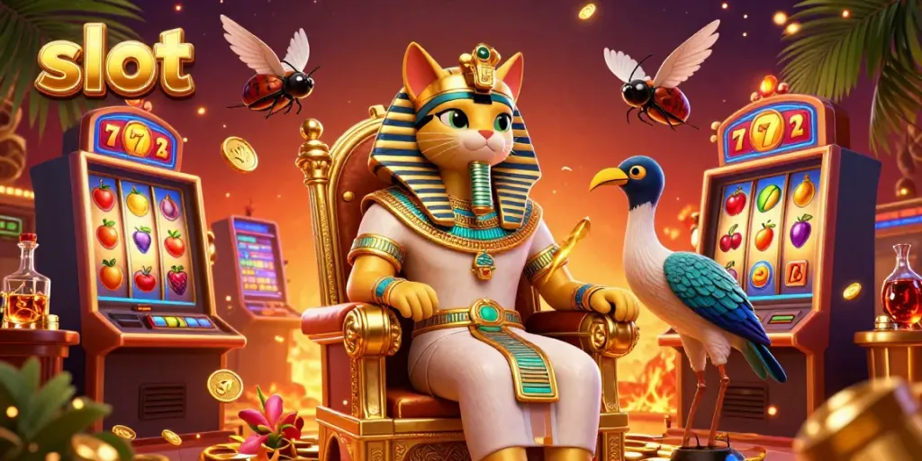 Experience thrilling slot action with a vibrant pharaoh cat at an extravagant gaming scene.