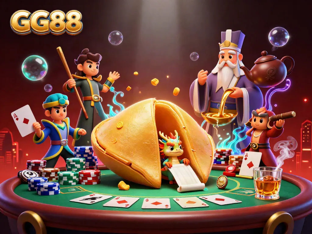 Experience thrilling gaming with GG88, featuring a vibrant 3D illustration of a golden fortune cookie and poker elements.