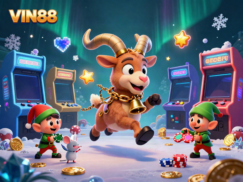 VIN88's festive casino scene features Krampus and playful characters, embodying gambling excitement.