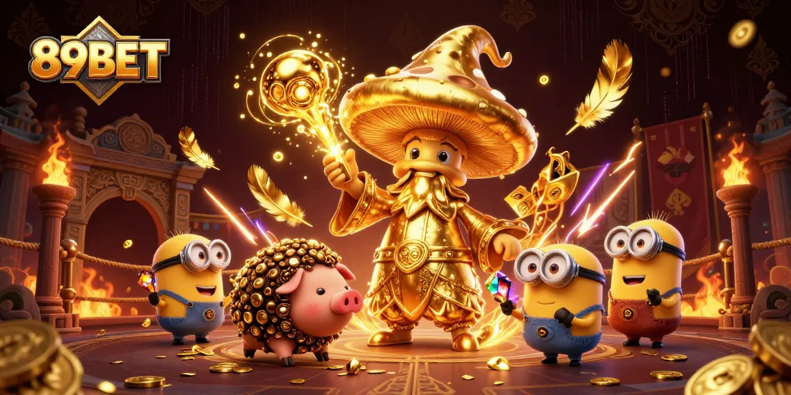 Experience the thrill of winning with 89BET while a magical mushroom wizard channels gold in a vibrant casino scene.