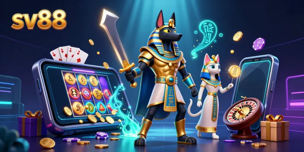 Experience unparalleled excitement at sv88 with Anubis and Bastet surrounded by vibrant casino elements.
