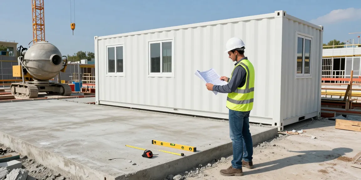 Bürocontainer Fundament kaufen: Bauleiter inspiziert frisches Betonfundament auf Baustelle