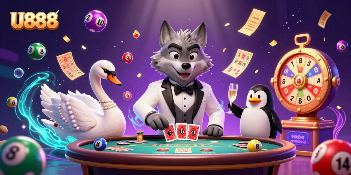Engage with the thrilling U888 casino experience featuring a wolf, swan, and penguin in a vibrant gaming setting.