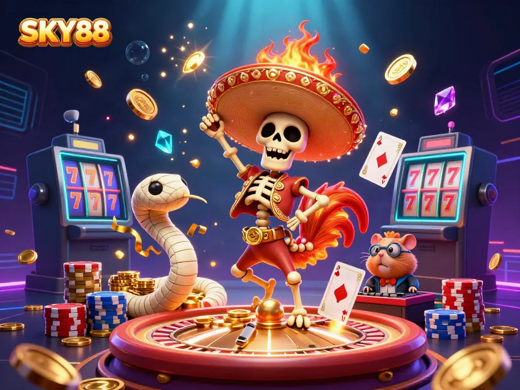 Experience thrilling casino moments with SKY88 as the dancing rooster celebrates amidst flying coins.