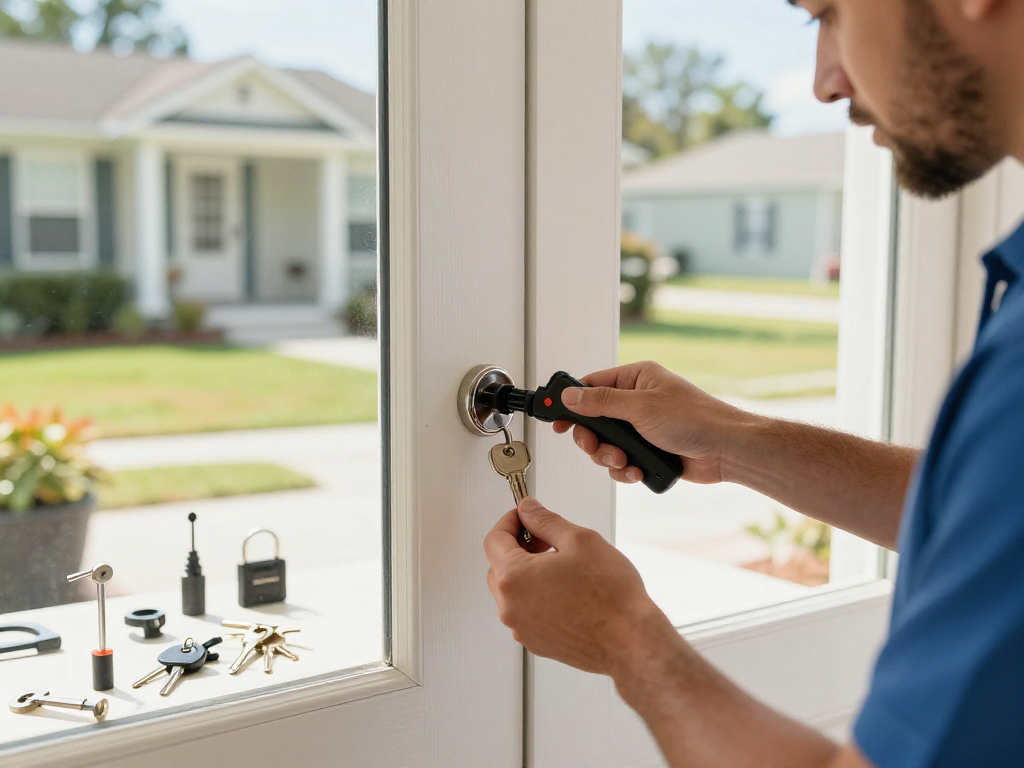 Rekey locks Port St. Lucie technician working on a residential door lock