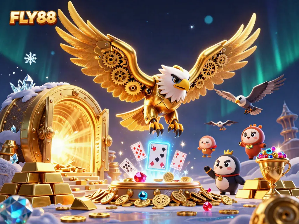 Join FLY88 for breathtaking 3D slots action with treasures and holographic cards cascading everywhere!