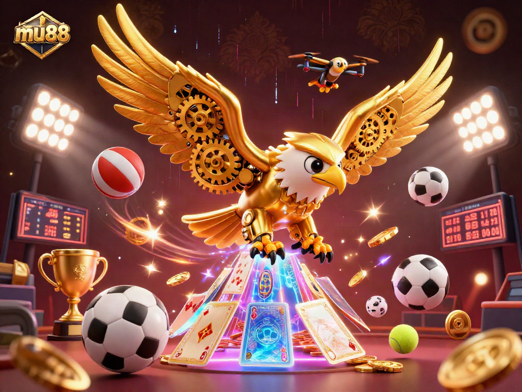 Experience thrilling gaming with mu88 as a golden eagle soars through vibrant holographic cards.