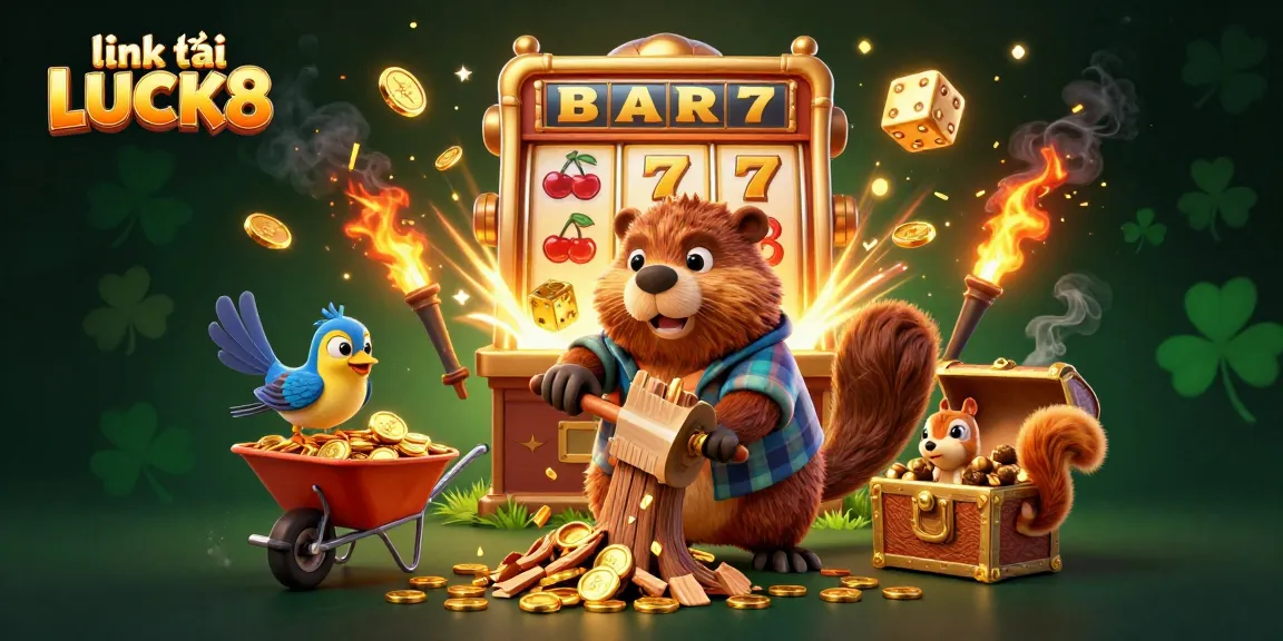 Experience excitement and fortune with link vào LUCK8 as the playful beaver reveals gold coins amidst a vibrant casino scene.