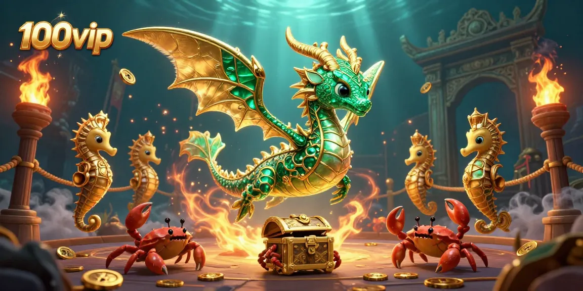 Engage in the vibrant gaming world of 100vip with emerald sea dragons and dynamic casino elements.