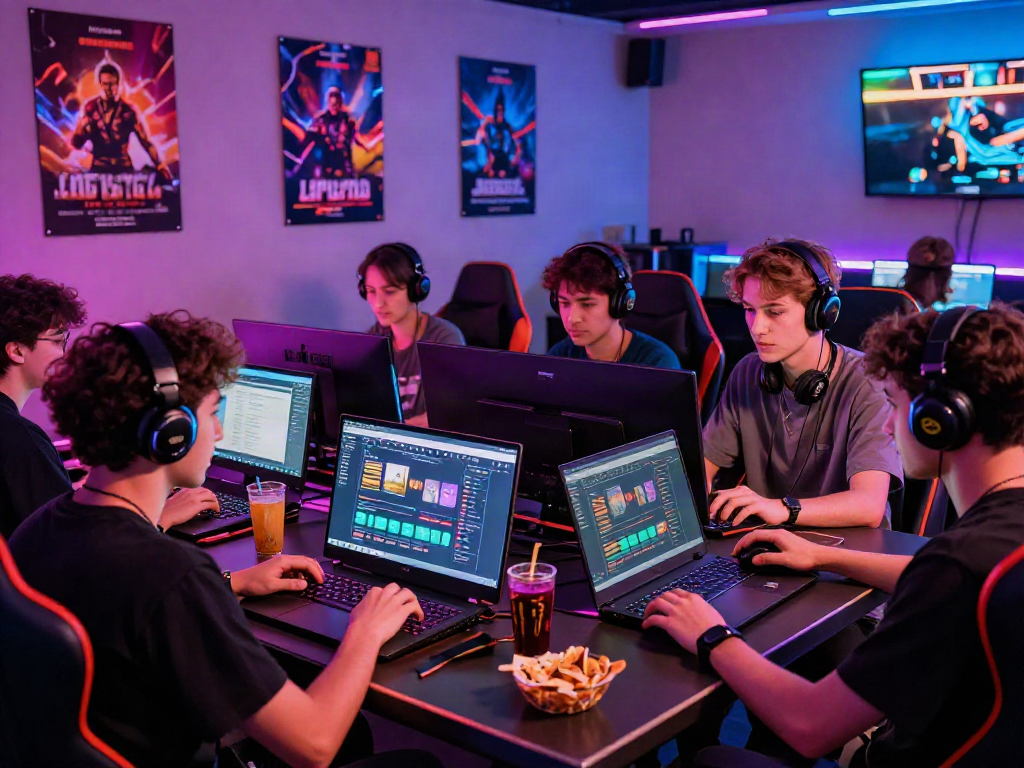 Exciting online gaming scene featuring friends enjoying UK88 platform at a colorful gaming lounge.