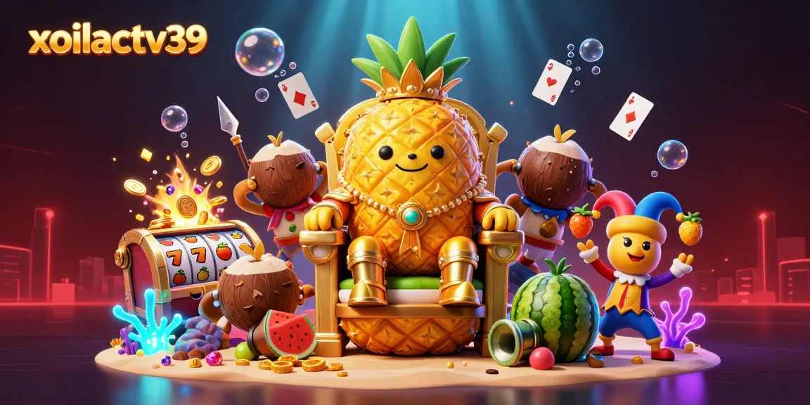 Experience the thrill of slots with xoilactv39's vibrant 3D scene featuring a pineapple king and beach casino.