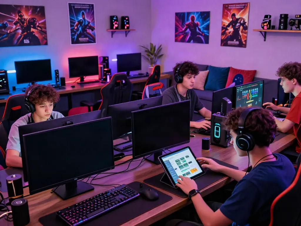 Exciting Dewacash Asia gaming lounge with engaged players and colorful lighting