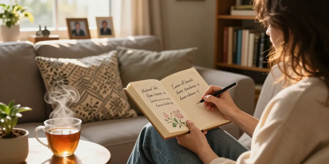 Schöne Sprüche in einem gemütlichen Wohnzimmer bei goldenem Licht, mit einer Person, die Zitate in ein Journal schreibt.