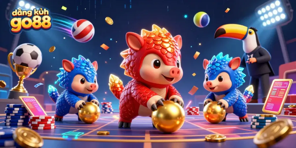 Engage with thrilling casino action and register for go88 by two dynamic pangolins battling in a colorful scene.