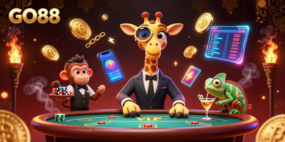 Experience GO88's vibrant gaming atmosphere with a high-roller giraffe and a monkey valet at a poker table.