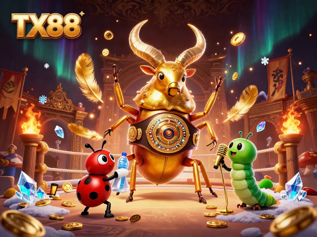 Engage in epic battles with TX88, featuring a boxing stag beetle, ladybug, and caterpillar in a vibrant casino scene.