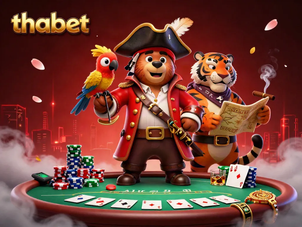Engage in thrilling poker action with Thabet featuring the pirate captain bear and vibrant poker elements.