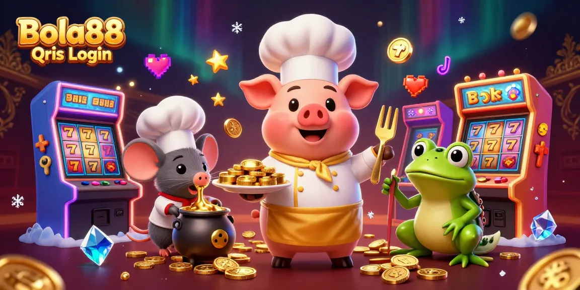 Bola88 Qris Login showcases a vibrant 3D casino scene with a chef pig, featuring engaging slot games and golden prizes.