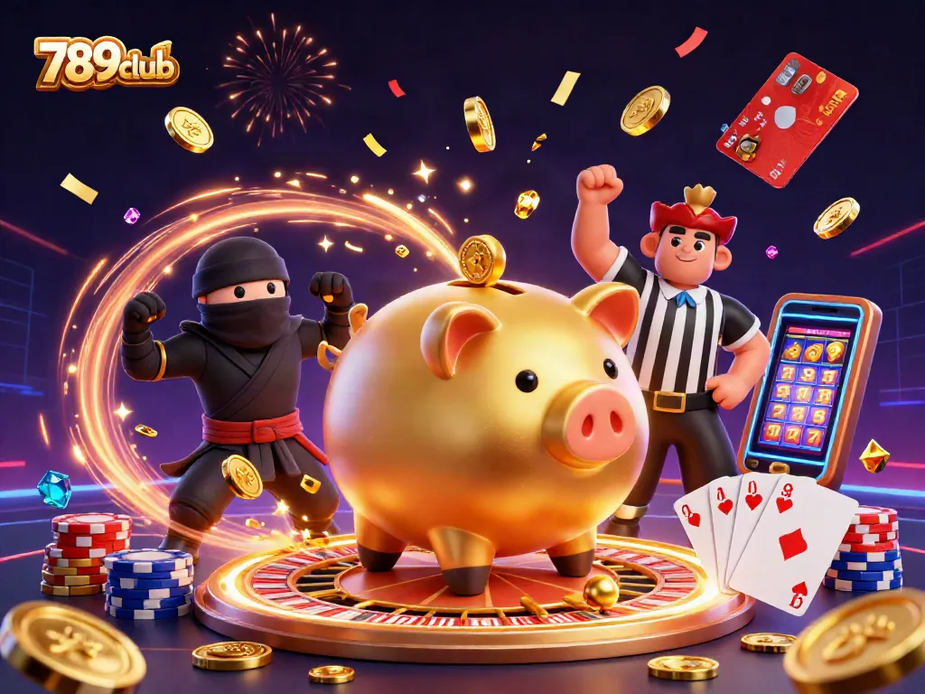 Join the excitement of 789club as a golden piggy bank sumo wrestler shakes loose coins while celebrating wins!