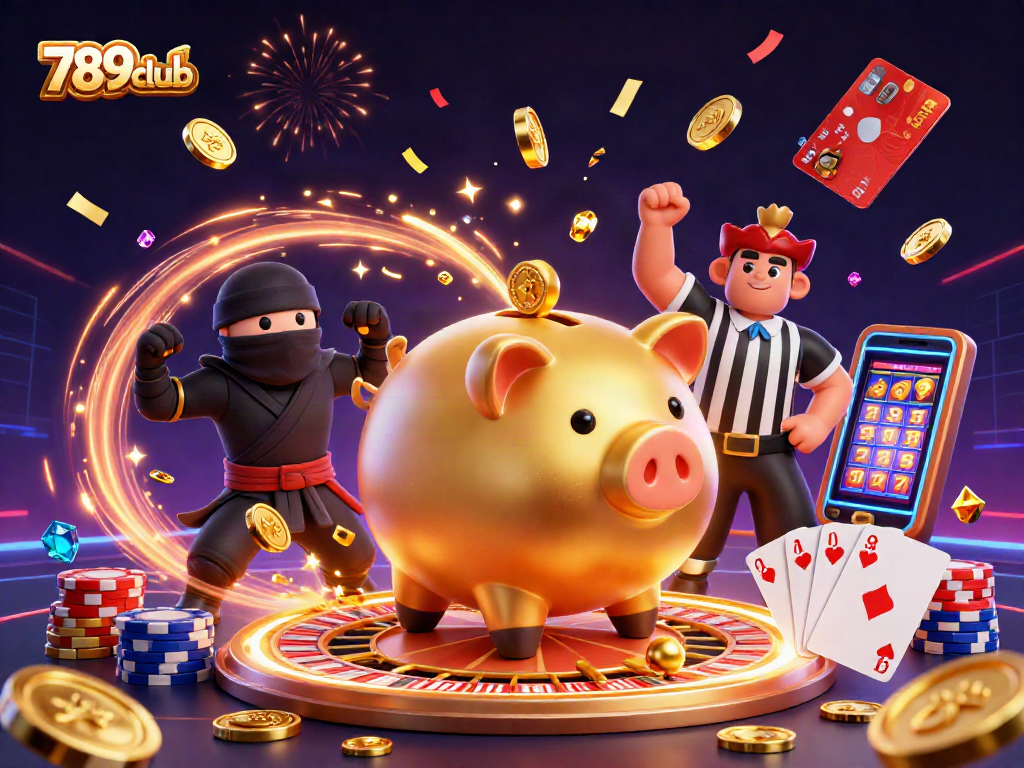 Join the excitement of 789club as a golden piggy bank sumo wrestler shakes loose coins while celebrating wins!