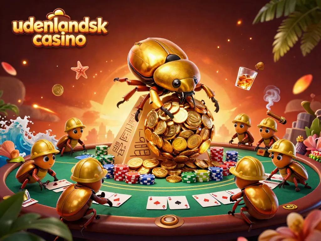 Engage with udenlandsk casino dynamics featuring gold coins, poker elements, and energetic beetles.