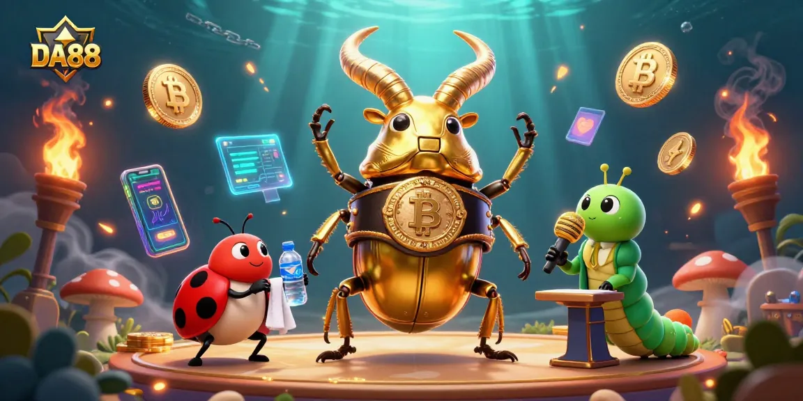 Engage with DA88's thrilling atmosphere showcasing a giant beetle champion and crypto elements.