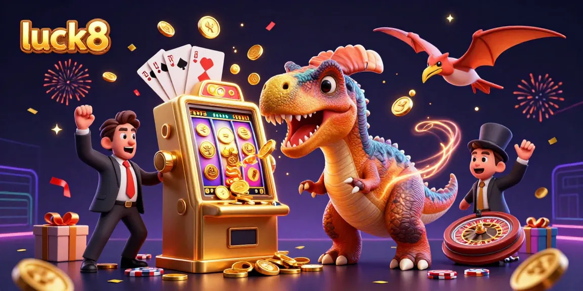 Experience luck8's engaging gaming interface with a pachycephalosaurus and casino elements.