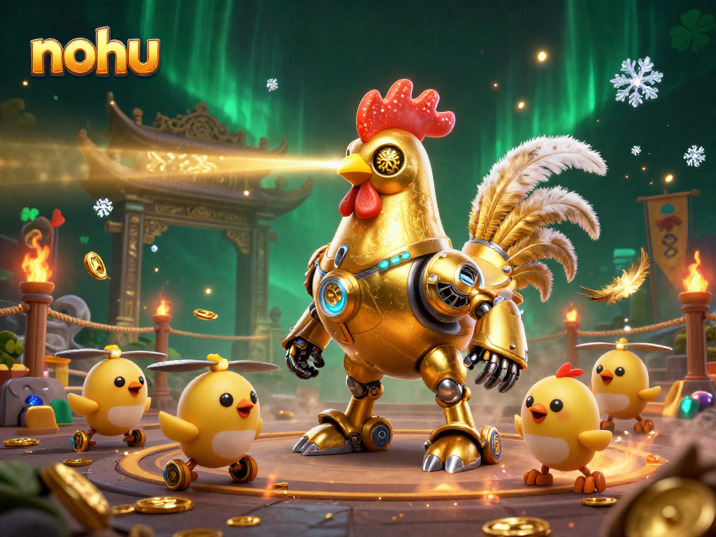 Engage with nohu's vibrant 3D character scene, showcasing a golden rooster and baby chick drones amidst casino excitement.