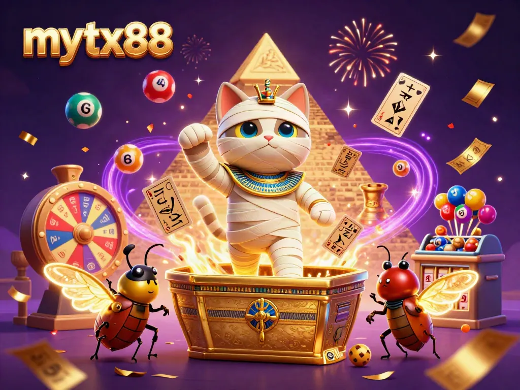 Engage with mytx88 in a vibrant casino scene featuring a mummy cat and a glowing scarab.