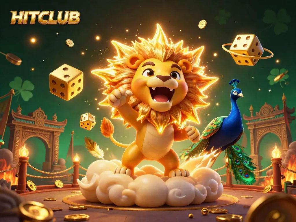 Engage with HITCLUB's dynamic gaming world featuring a roaring lion and golden dice.