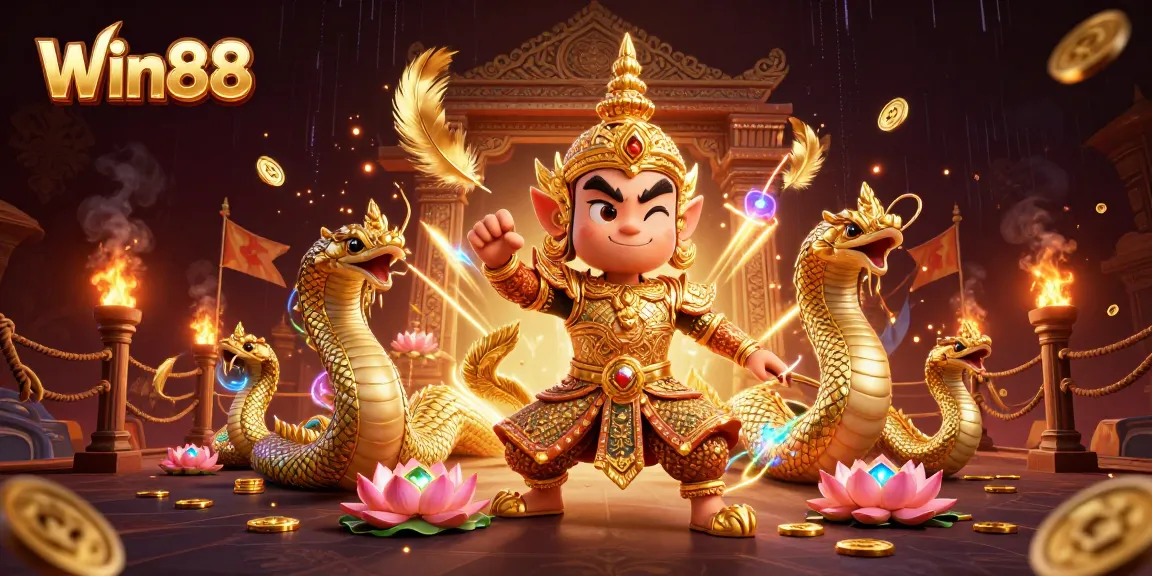 Win88 casino illustration featuring a fearless yaksha guardian amidst golden gaming elements and rich details