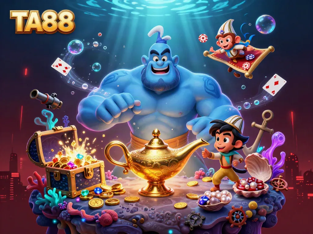 TA88 engages users with an exciting scene of a genie, monkey, and flying carpet amidst vibrant casino elements.