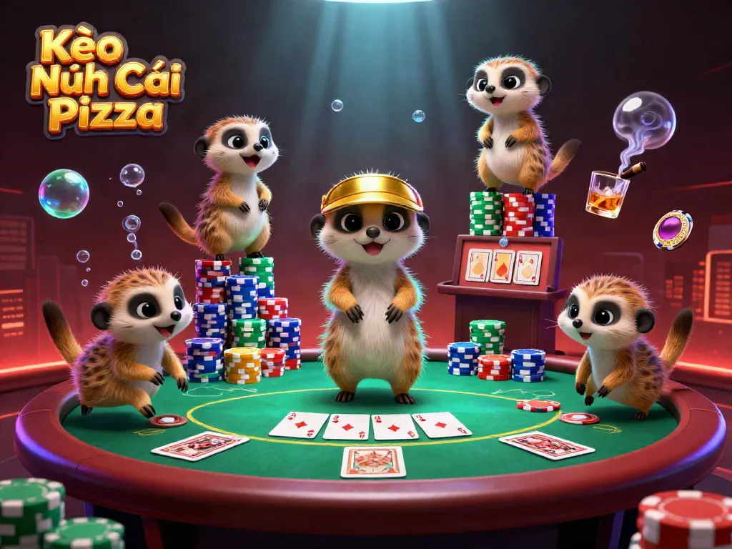 Kèo Nhà Cái Pizza showcases lively meerkats in a casino, with vibrant poker elements and a dynamic scene.
