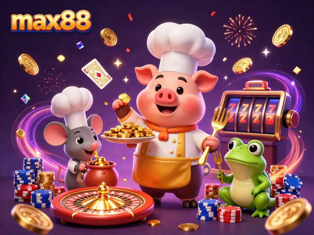 Max88's vibrant illustration depicts a chef pig serving gold coins in a dynamic casino scene.