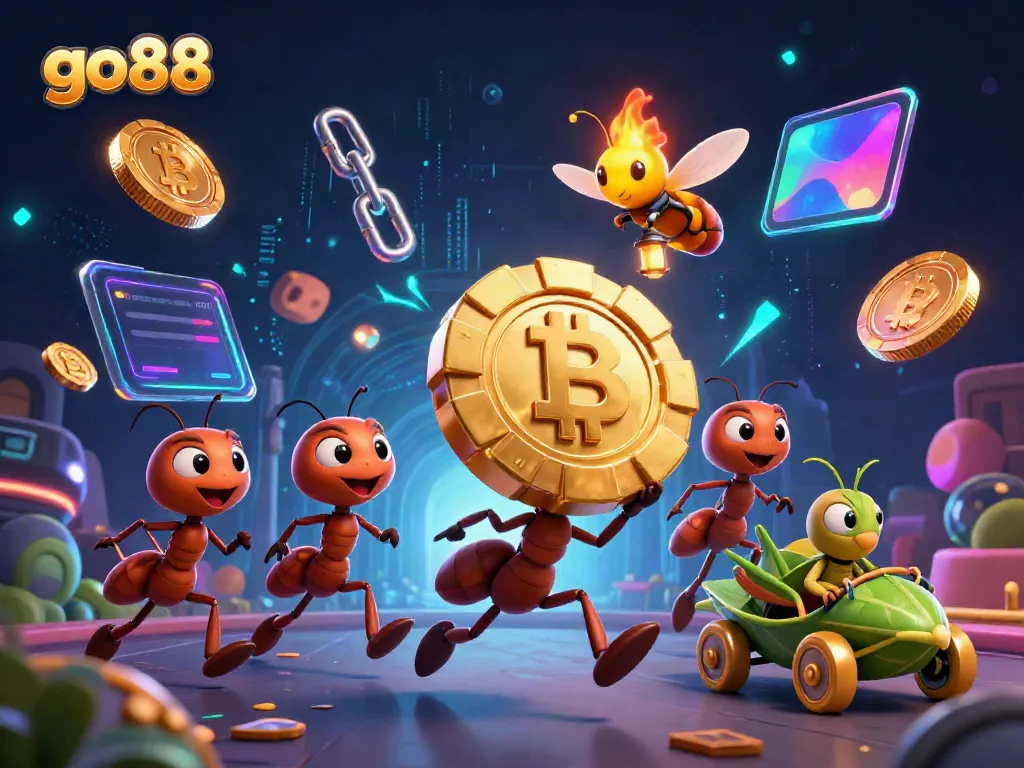 Go88 heist scene with playful ants, golden chip, and crypto elements in a dynamic casino-themed digital space.